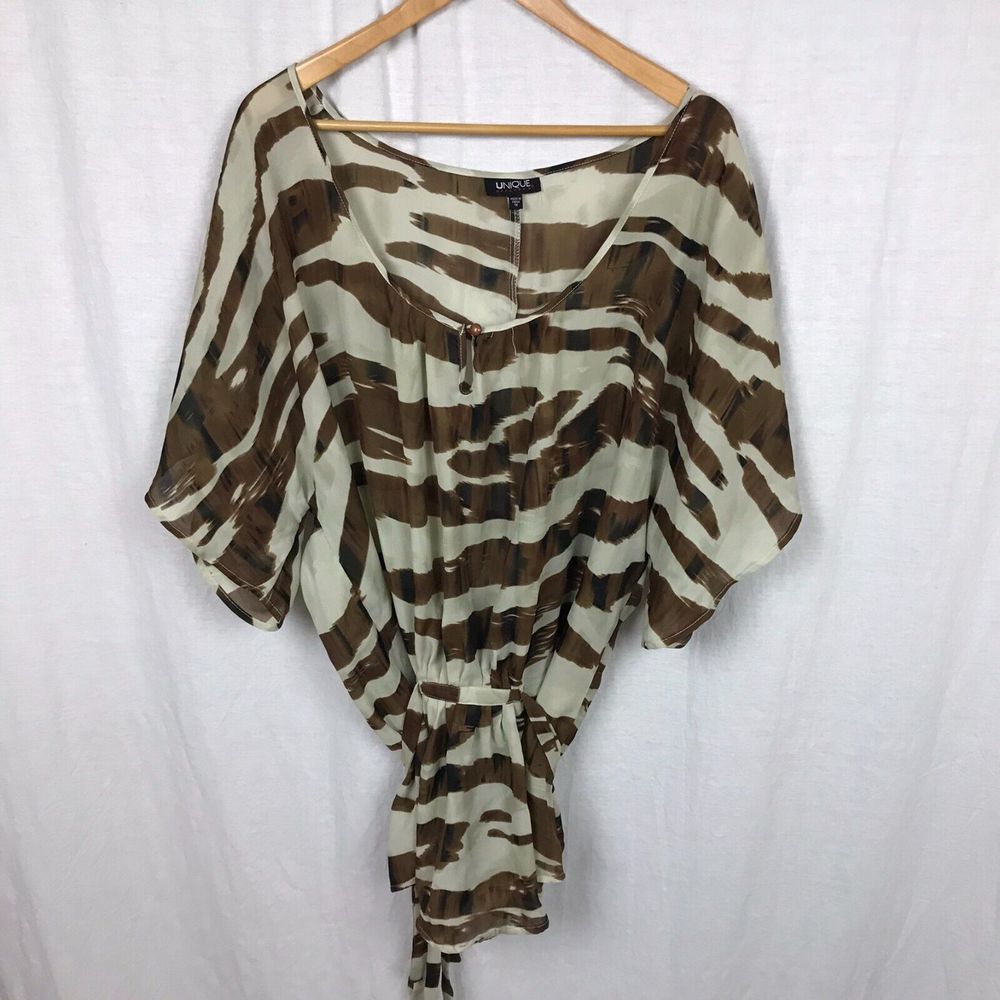 Unique Spectrum Women's Zebra Striped Button Front Blouse Tie Waist Size 1X